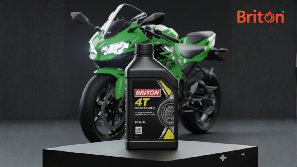 Briton 4T 10W-40 engine oil bottle with JASO MA2 certification, displayed in front of a blurred green Kawasaki Ninja sportbike, illustrating the best engine oil for Kawasaki motorcycles.