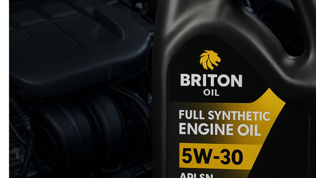 A bottle of Briton Oil full synthetic engine oil shown with a modern car engine, illustrating the Best Engine Oil for Cars in the UAE.