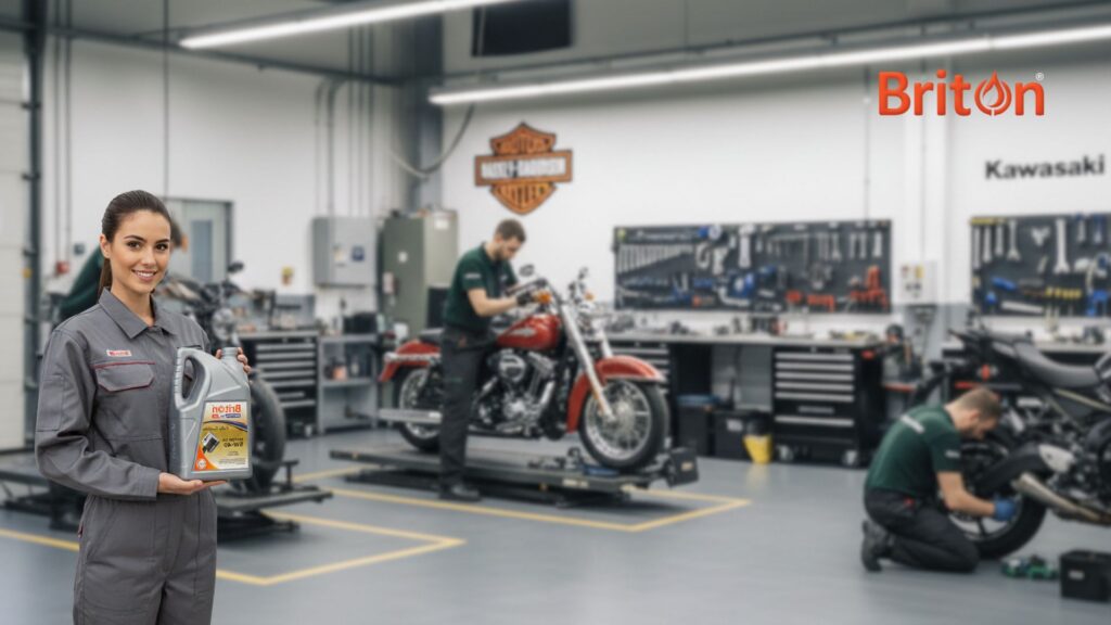 Top 10 motorcycle lubricants in Dubai displayed by Briton Oil — premium 2T and 4T engine oils for peak performance.