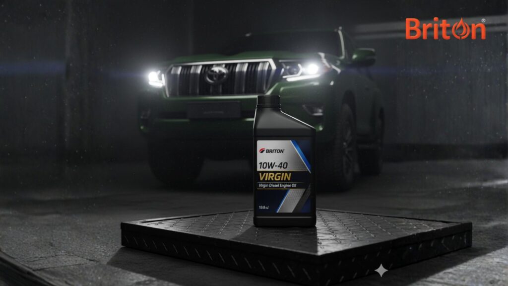 Briton 10W-40 Virgin Diesel Engine Oil bottle prominently displayed with a rugged Toyota Prado in the background, signifying the top choice for durable 4x4 engines.