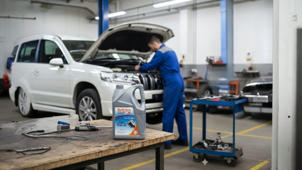 Premium automotive lubricants for Toyota Land Cruiser displayed beside a powerful SUV engine, showcasing top-performance 0W-20 and 5W-30 oils designed for durability, off-road conditions, and extreme UAE temperatures.the Top 5 Automotive Lubricants for Land Cruiser