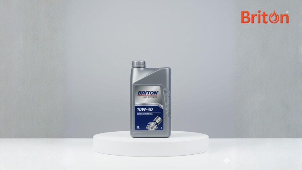 A bottle of Briton 10W-40 Semi-Synthetic Diesel Engine Oil, highlighted in a professional studio setting, representing its top benefits for modern diesel engines. Top 5 Benefits of 10W40 Semi Synthetic Diesel Oil